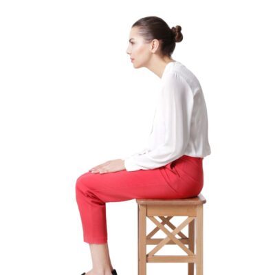 Upper back rounded, head forward